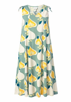 Robe sans manches bleu-vert avec motifs de poires jaunes et blanches, col en V et détails à nouer sur les deux épaules.