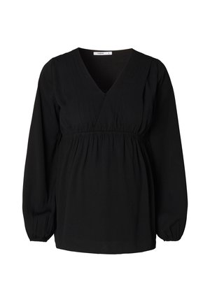 Zwarte langemouwen top met een V-hals, gerimpelde taille en geplooide details. Zachte stof met een gladde textuur en pofmouwen. Maat S.