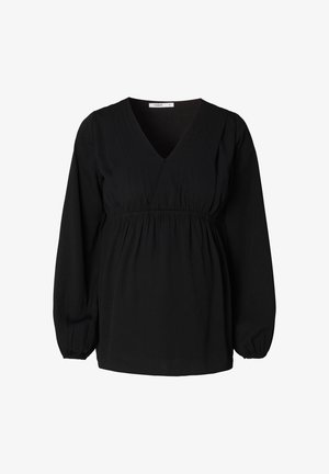 Zwarte langemouwen top met een V-hals, gerimpelde taille en geplooide details. Zachte stof met een gladde textuur en pofmouwen. Maat S.