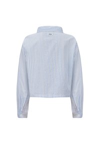 Lichtblauw cropped shirt met verticale strepen, lange mouwen met knoopsluiting en een puntige kraag. Etiket aan de achterkant leest "RETOUR."