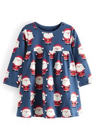 Modré dlouhé rukávy dětské šaty s nařaseným pasem a opakujícím se vzorem kresleného Santa Clause v červeném obleku a klobouku.