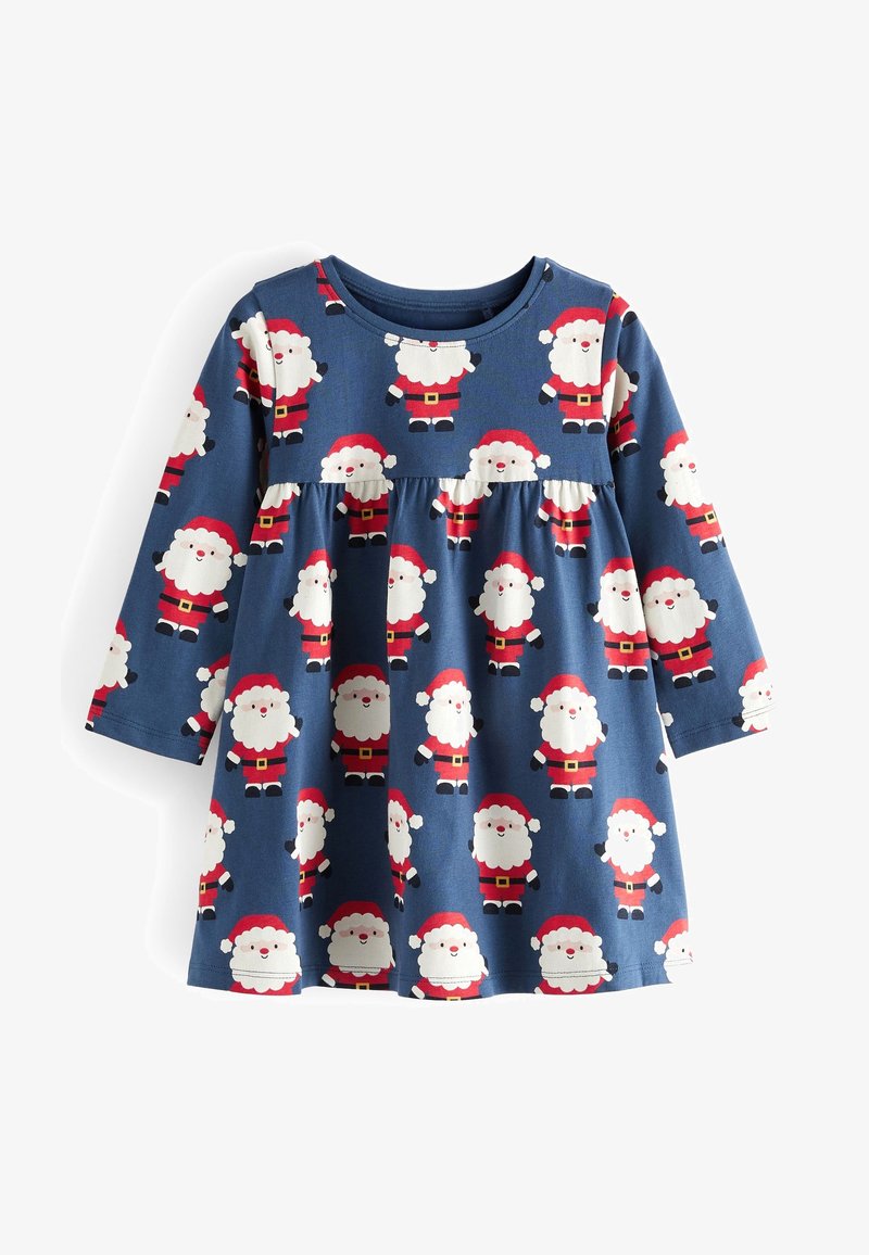 Modré dlouhé rukávy dětské šaty s nařaseným pasem a opakujícím se vzorem kresleného Santa Clause v červeném obleku a klobouku.