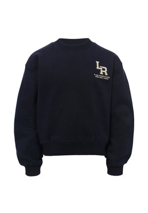 Navy blauw sweatshirt gemaakt van katoen met een geribbelde ronde hals, ballonmouwen en een klein logo in crème gedrukt op de borst.