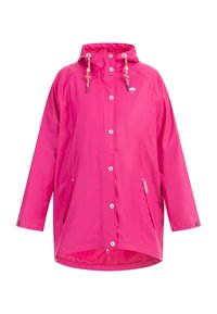 Veste imperméable rose vif avec capuche, boutons-pression à l'avant, deux poches latérales et cordons ajustables avec perles.
