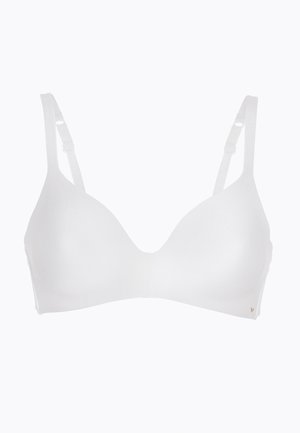 Sottoveste bianca con una texture liscia, coppe triangolari, spalline regolabili e un sottile accento dorato sul lato.