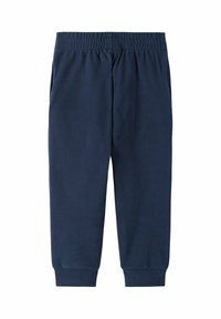 Marineblaue Sweatpants aus weichem Material, mit elastischem Bund, gerippten Bündchen und seitlichen Taschen für Funktionalität.