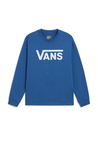 Blaues Langarm-T-Shirt aus Baumwolle, mit einem großen weißen "VANS"-Logo, das über die Brust gedruckt ist, und einem runden Ausschnitt.