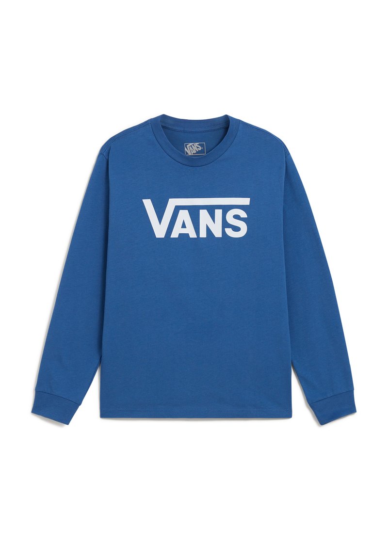 Blaues Langarm-T-Shirt aus Baumwolle, mit einem großen weißen "VANS"-Logo, das über die Brust gedruckt ist, und einem runden Ausschnitt.