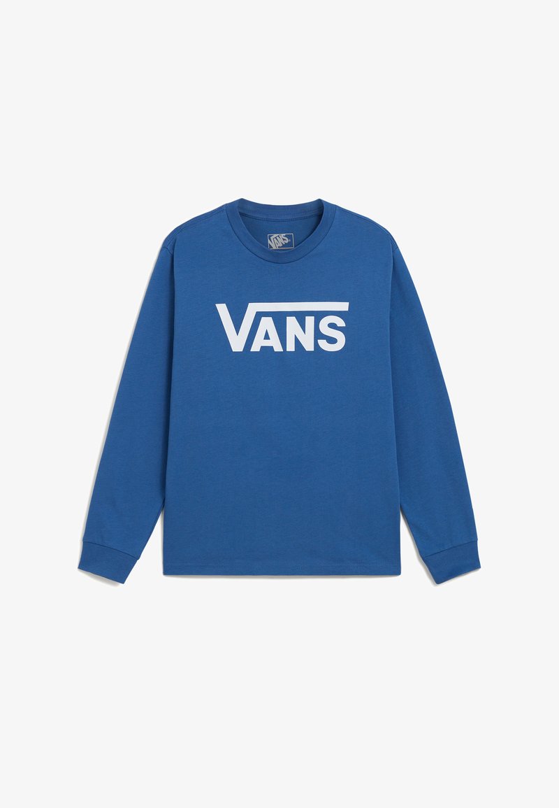 Blå långärmad t-shirt i bomull med en stor vit "VANS" logotyp tryckt över bröstet och rund halsringning.