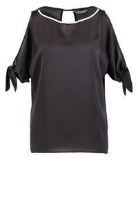 Black short-sleeve blouse with a round neck, featuring a tie detail on sleeves and a pearl trim along the neckline. Smooth fabric texture.