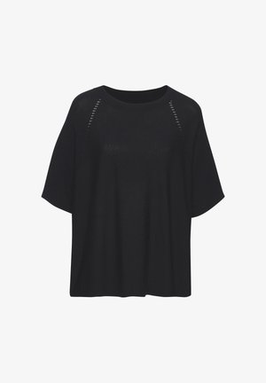 Top nero a maniche corte in maglia con scollo rotondo e dettagli perforati sottili lungo le maniche raglan.