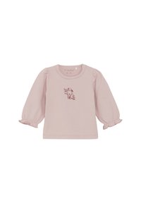Helles rosa Langarmhemd mit puffierten Ärmeln, elastischen Bündchen und einem bedruckten Hasenmotiv in der Mitte. Hergestellt aus weicher Baumwolle.