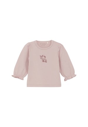 Helles rosa Langarmhemd mit puffierten Ärmeln, elastischen Bündchen und einem bedruckten Hasenmotiv in der Mitte. Hergestellt aus weicher Baumwolle.