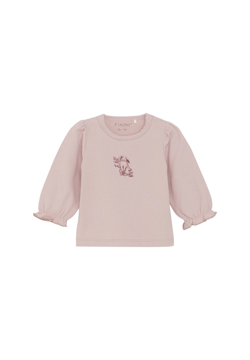 Helles rosa Langarmhemd mit puffierten Ärmeln, elastischen Bündchen und einem bedruckten Hasenmotiv in der Mitte. Hergestellt aus weicher Baumwolle.