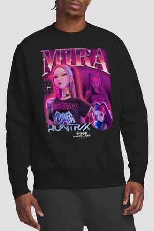 Man wearing black sweatshirt with purple and pink animated female character designs and text "MIRA HUNTR X KPOP DEMON HUNTERS."