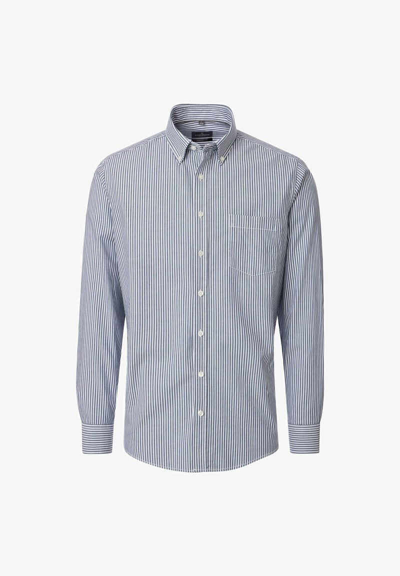 Striped button-up shirt in navy and white. Long sleeves, classic collar, single chest pocket, and regular fit design. Cotton fabric.