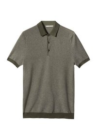 Polo à manches courtes en vert olive avec des rayures horizontales, col replié, doté de trois boutons et de bords côtelés aux manches et à l'ourlet.