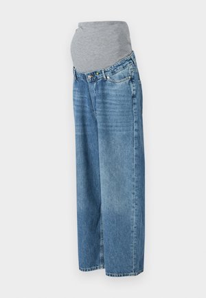 Jeans de maternidade com um cós elástico cinza e tecido de denim azul. Design de perna larga, altura média, com bolsos frontais e desbotamento discreto.