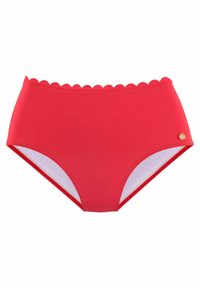 Aukštai juosmens raudoni bikinio šortai, pagaminti iš lygaus audinio, su banguota juosmens linija ir mažo aukso logotipo detale šone.