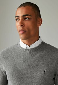 Pull en ribb en gris avec un col rond, porté par-dessus une chemise blanche à col. Présente un petit logo noir sur la poitrine. Texture lisse.