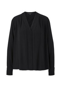 Blouse noire à manches longues avec col en V, détails plissés sur les épaules, coupe ample et larges poignets, présentée sur un fond blanc.