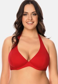 Top da nuoto rosso con collo a halter, caratterizzato da un profondo scollo, tessuto morbido e design senza cuciture per una silhouette pulita. Senza hardware visibili o fantasie.
