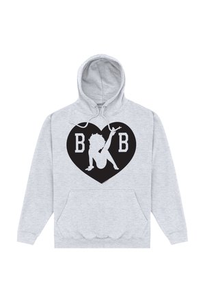 Szara bluza z kapturem z czarnym graficznym sercem, przedstawiającym sylwetkę oraz litery "B B". Zawiera przednią kieszeń oraz regulowany kaptur.