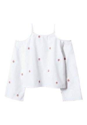 Hvid off-shoulder bluse med tynde stropper, lange ærmer og små røde blomsterbroderier spredt over stoffet.