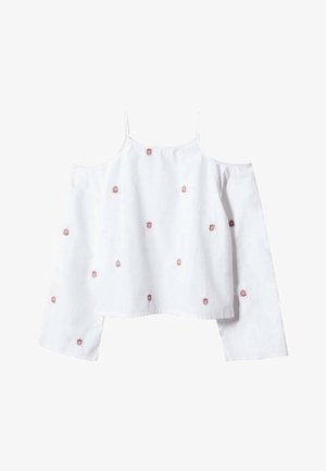 Hvid off-shoulder bluse med tynde stropper, lange ærmer og små røde blomsterbroderier spredt over stoffet.