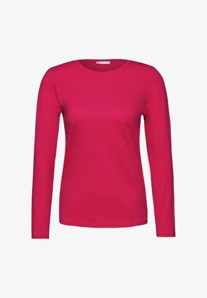 Dopasowana koszulka z długim rękawem w jasnoróżowym kolorze, wykonana z bawełny, z okrągłym dekoltem i gładką fakturą, bez wzorów czy akcentów.