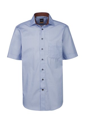 Kurzärmliges blaues Hemd mit einem weißen Muster, Button-Down-Kragen, brauner Kragenunterlage und Brusttasche. Mit schwarzen Knöpfen.