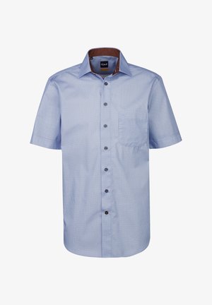 Kurzärmliges blaues Hemd mit einem weißen Muster, Button-Down-Kragen, brauner Kragenunterlage und Brusttasche. Mit schwarzen Knöpfen.