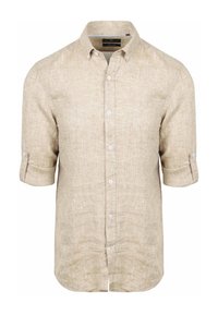Lichtbeige linnen overhemd met een button-down kraag, korte mouwen en witte knopen. Gelaagd stof met een subtiel weefpatroon.