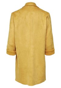 Soft yellow long coat with rolled-up sleeves and a simple back seam, displayed against a white background.