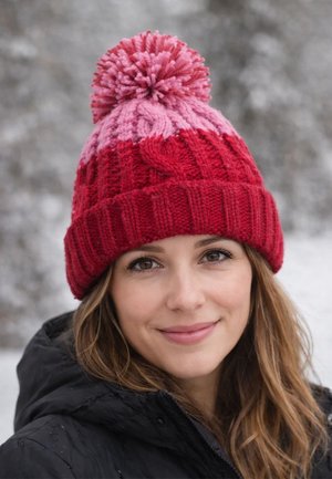 Woman wearing a red and pink knitted hat with a pom-pom, smiling outdoors in winter with a black jacket and snowy background.
