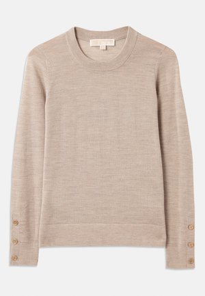 Bežs crewneck džemperis, izgatavots no mīksta adījuma materiāla, ar garām piedurknēm un četriem pogu akcentiem katrā aprocē. Minimālistisks dizains ar struktūras apdari.