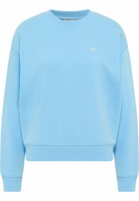 Sudadera azul claro con cuello redondo, puños y dobladillo acanalados, que presenta un pequeño logo blanco en el pecho. Fabricada en material de algodón suave.