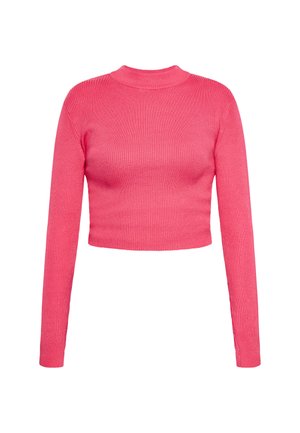 Svetari, koji je krojen i kratke dužine, u svijetlo ružičastoj boji, s dugim rukavima, visokim izrezom i rebrastom teksturom za dodatne detalje.