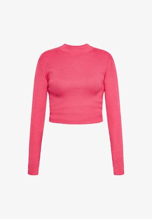 Dopasowany sweter o długości cropp w jasnoróżowym kolorze, z długimi rękawami, wysokim dekoltem i prążkowaną fakturą dla dodatkowego akcentu.