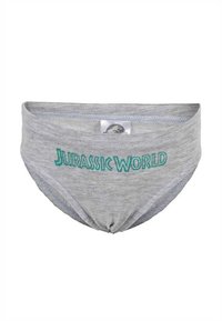 Grau Baumwollunterwäsche mit "JURASSIC WORLD" in türkisen Buchstaben auf der Vorderseite. Glatte Textur mit einem klassischen Briefdesign.