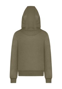 Hanorac verde măsliniu cu glugă mare și moale, cu manșete și tiv ribbed. Fabricat dintr-un material din bumbac texturat. Design fără cusături pe spate.