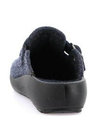 Vista posteriore di uno zoccolo con una tomaia in feltro blu scuro, un'apertura ampia e una suola in plastica nera stampata con una superficie texturizzata.