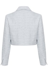 Kurze Jacke aus hellgrauem strukturiertem Stoff mit Kragen und langen Ärmeln. Verfügt über seitliche Schlitze am Saum für mehr Bewegungsfreiheit.