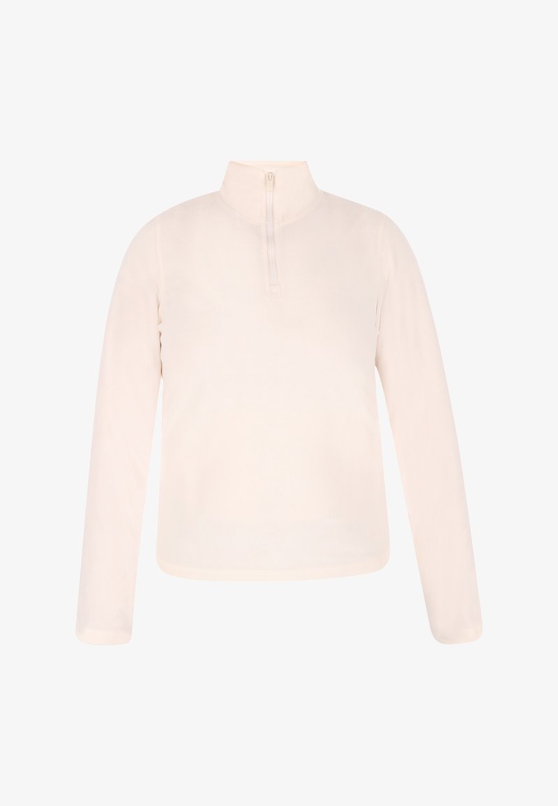 Pullover a maniche lunghe in morbido tessuto beige chiaro con collo a zip a metà, caratterizzato da una vestibilità rilassata e una texture liscia.
