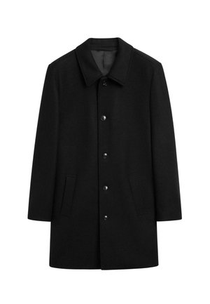 Manteau en laine noir avec un col, fermeture à boutons sur le devant, deux poches latérales et une silhouette droite. Texture lisse sans motifs visibles.