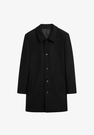 Black wool coat with a collar, front button closure, two side pockets, and a straight silhouette. Smooth texture with no visible patterns.