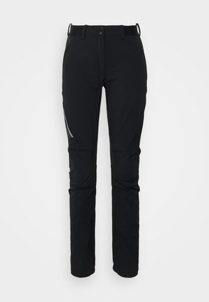 Black outdoor pants made of lightweight, stretchy material. Features a slim fit, belt loops, and reflective accents on the side.