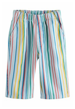 Wielokolorowe szorty w paski z elastycznym pasem. Wykonane z lekkiego materiału, posiadają dwie boczne kieszenie i dopasowany, wąski fason.