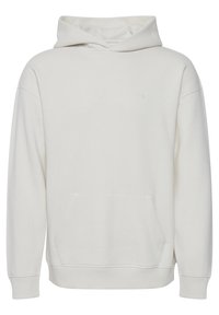 Sweat à capuche beige clair avec une poche kangourou et des poignets côtelés. Présente un texte en relief sur le devant. Confectionné en tissu doux et texturé.