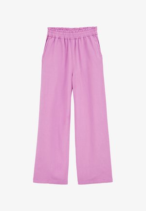 Pantaloni a gamba larga rosa chiaro con vita elastica e tasche laterali. Texture liscia con una vestibilità ampia e senza motivi o accessori visibili.